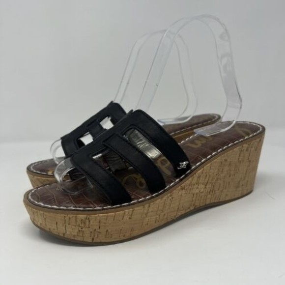 Sam Edelman Ronie Logo Regis Wedge Leather Heels Sandals Womens 8.5 Black Ladies - Picture 1 of 6